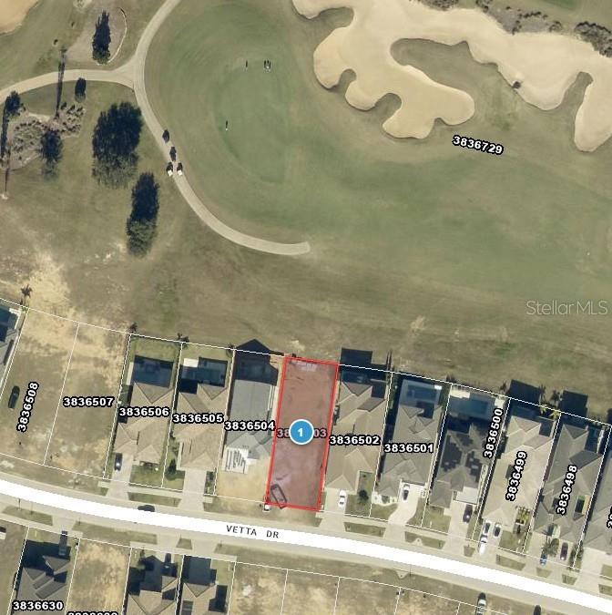 This is an aerial map showing a vacant residential lot outlined in red along a street — 15831 VETTA DRIVE, BELLA COLLINA, FL