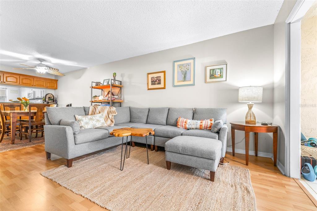 A living room features a gray sectional sofa, a wooden coffee table, and a side table — 90 S HIGHLAND AVENUE UNIT 110, TARPON SPRINGS, FL