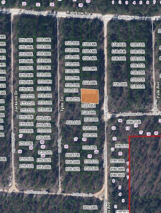 This is a satellite map showing property parcel lines and lot numbers in a wooded area — 199 MISSOURI AVENUE, HAWTHORNE, FL