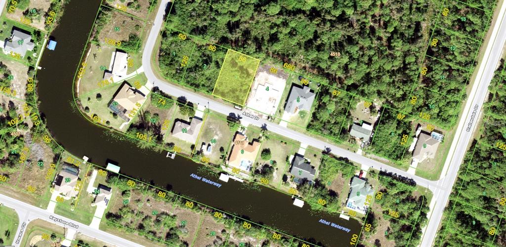 This is an aerial map showing residential lots along Athel Waterway and Athel Drive — 9478 ATHEL DRIVE, PORT CHARLOTTE, FL