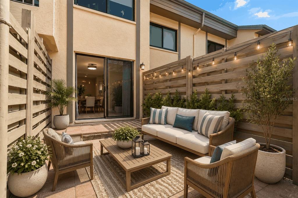 A furnished outdoor patio features a sofa, two chairs, a coffee table, and string lights — 3157 LANDMARK DRIVE UNIT 414, CLEARWATER, FL