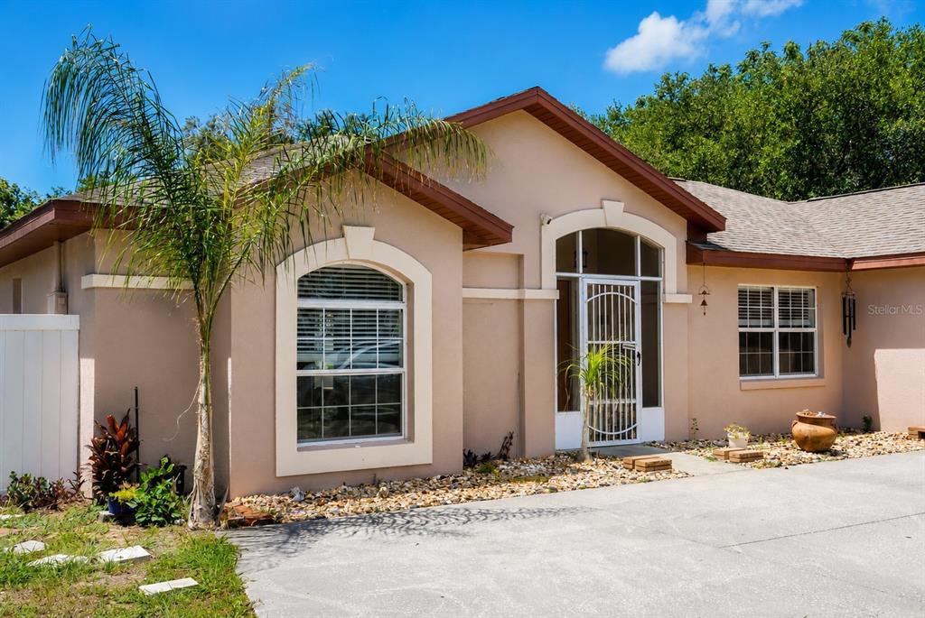 A tan, single-story house with a palm tree, a white screen door, and a driveway — 11130 FOUNTAIN LAKE BOULEVARD, LEESBURG, FL