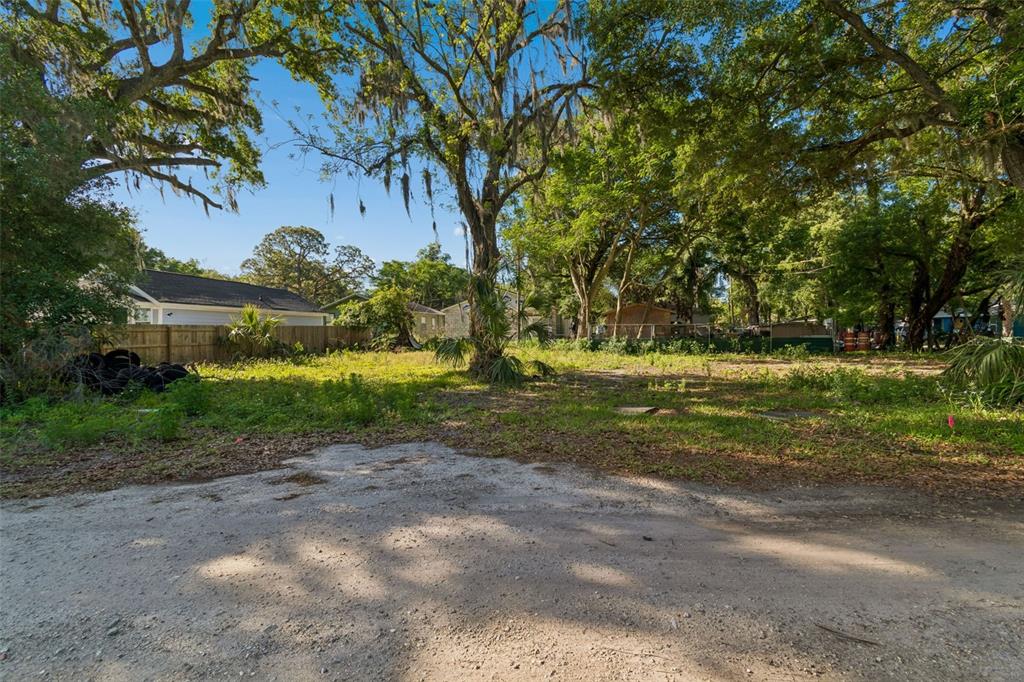 A vacant, grassy lot with mature trees and a dirt foreground under a blue sky — 1401 DRANE STREET SE, PLANT CITY, FL
