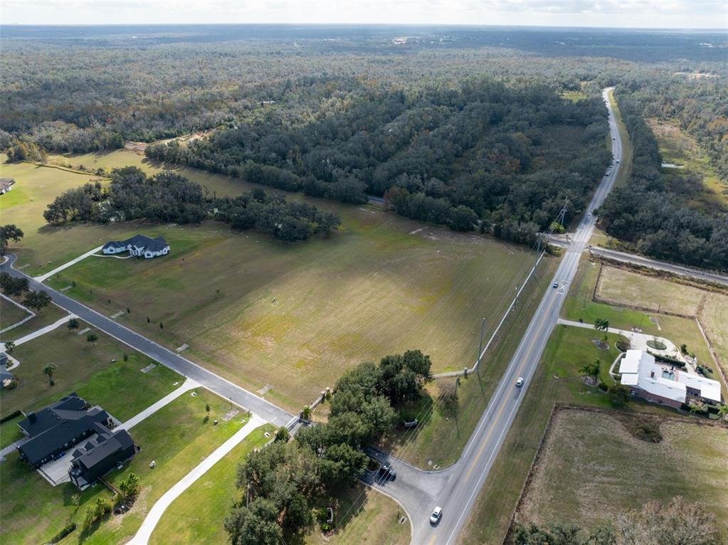 An aerial view shows a large, grassy vacant lot bordered by a road and trees — 103 ALAFIA ESTATES LANE, PLANT CITY, FL