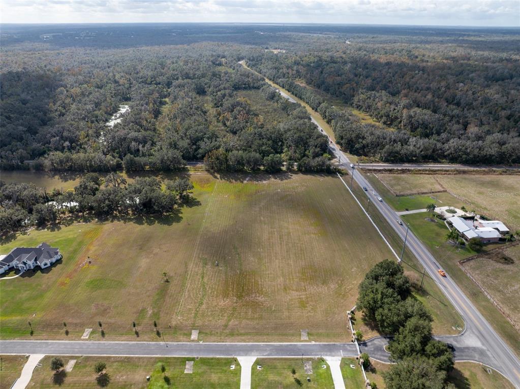 An aerial view shows a large, vacant rectangular lot bordered by a road and trees — 103 ALAFIA ESTATES LANE, PLANT CITY, FL