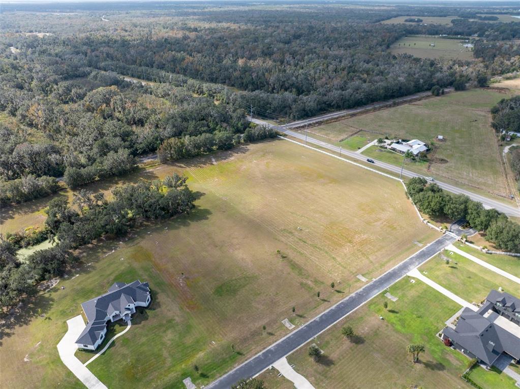 An aerial view shows a large, vacant grassy lot bordered by a road and houses — 103 ALAFIA ESTATES LANE, PLANT CITY, FL