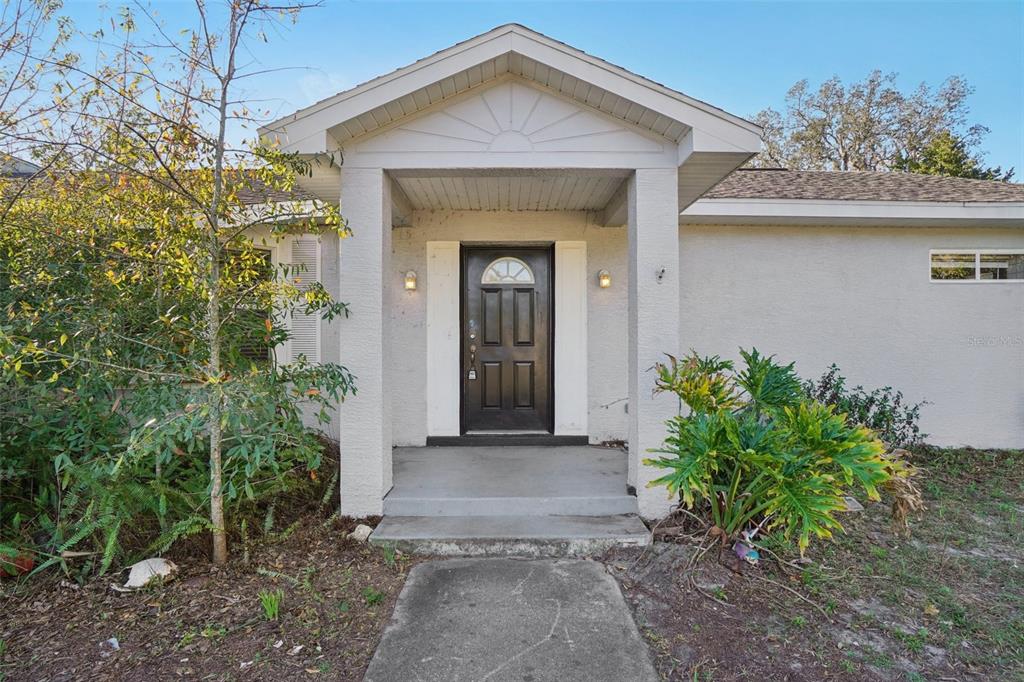 The front exterior of a house features a covered entryway with a dark front door — 13210 MAPLE STREET, ODESSA, FL