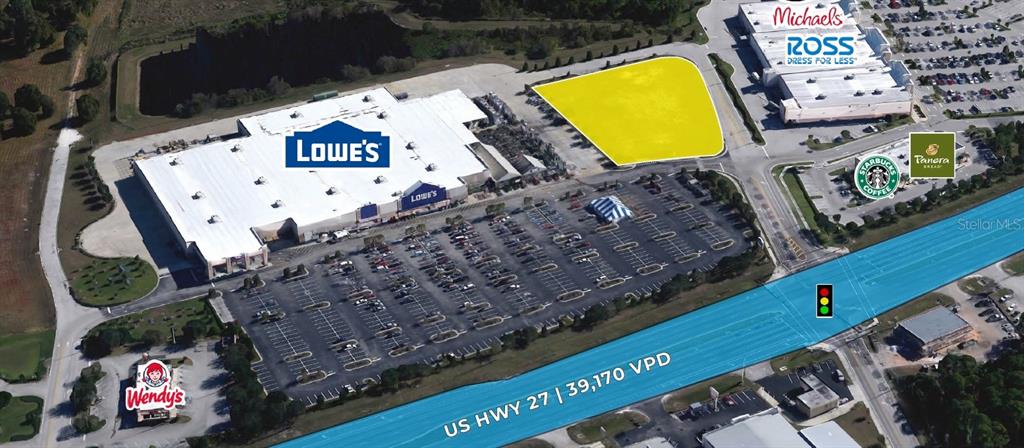 This aerial rendering shows a commercial development site with a highlighted lot near retail stores — 2040 US HIGHWAY 27 N, SEBRING, FL