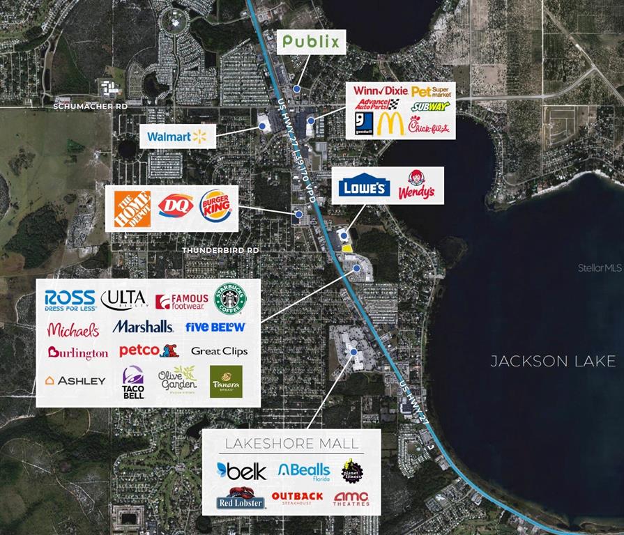 This is an aerial map showing retail stores and restaurants along a highway near a lake — 2040 US HIGHWAY 27 N, SEBRING, FL