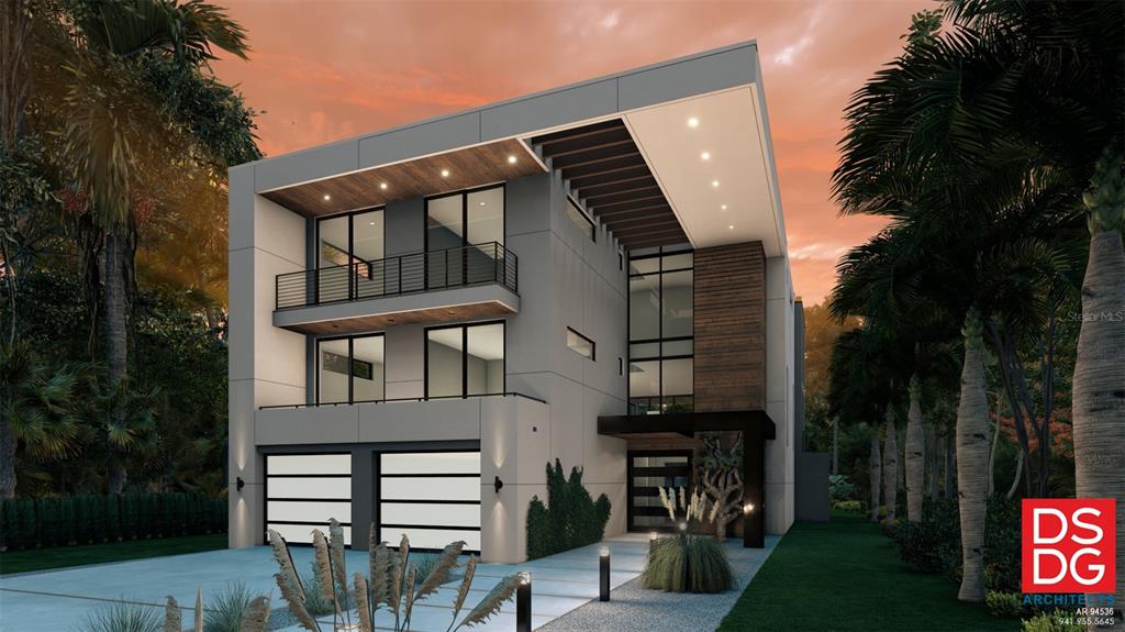A digital rendering of a modern three-story home with a two-car garage and balconies — 377 S SHORE DRIVE, SARASOTA, FL