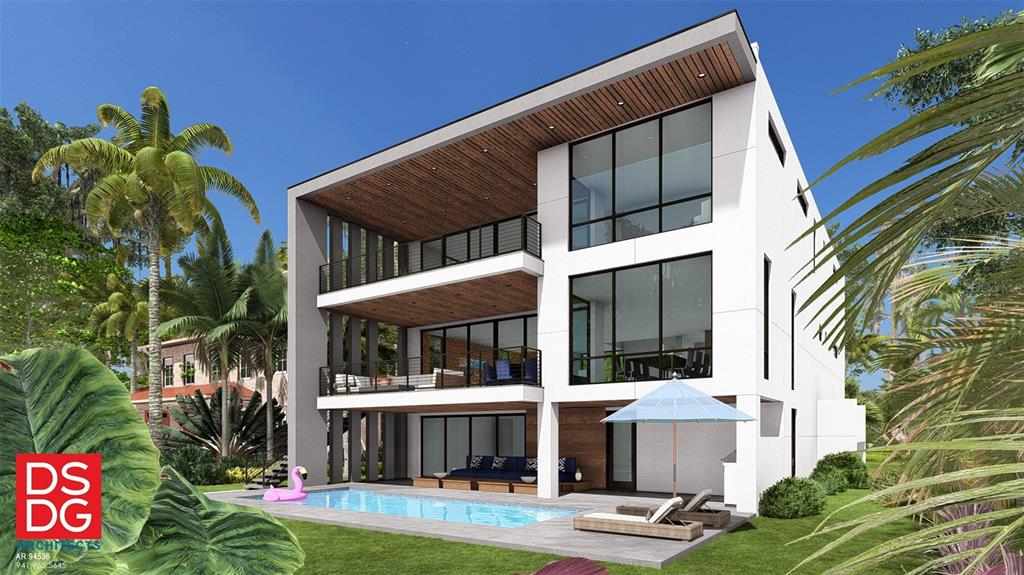 A digital rendering of a modern three-story house with a swimming pool and balconies — 377 S SHORE DRIVE, SARASOTA, FL
