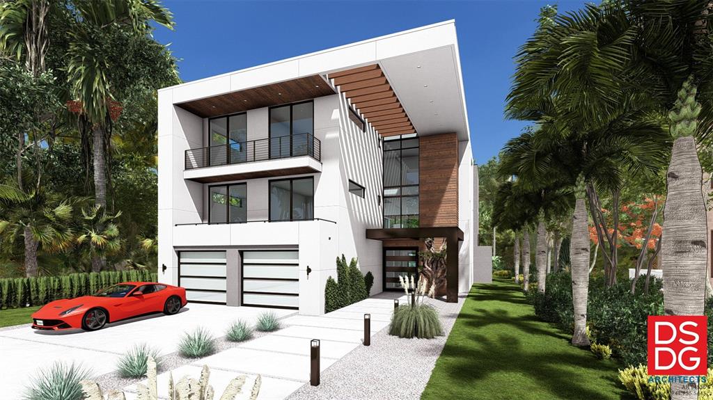 This architectural rendering shows a modern three-story house with a white facade and a red car — 377 S SHORE DRIVE, SARASOTA, FL