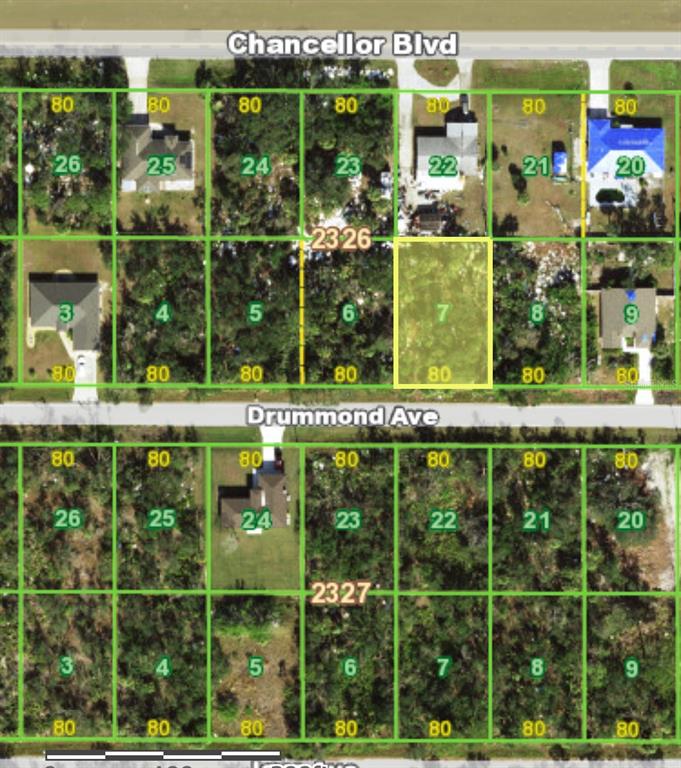 This is a satellite map showing residential lots and property boundaries along two streets — 13358 DRUMMOND AVENUE, PORT CHARLOTTE, FL