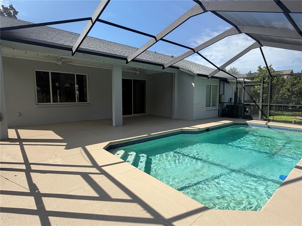A swimming pool with a screened-in lanai and a covered patio area — 14832 HERONGLEN DRIVE, LITHIA, FL