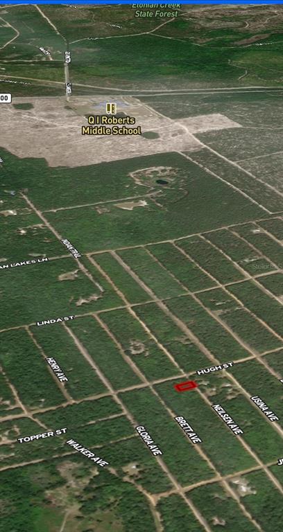 An aerial map view shows a vacant lot highlighted in red near a middle school — LOT 35 NEILSEN AVENUE, INTERLACHEN, FL