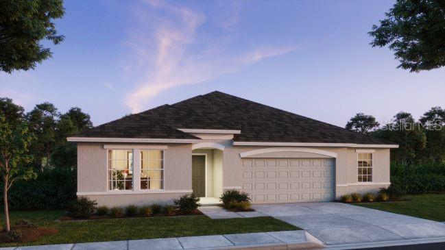 This is a digital rendering of a single-story suburban house with a two-car garage — TBD KNOTTY PINE AVENUE, NORTH PORT, FL