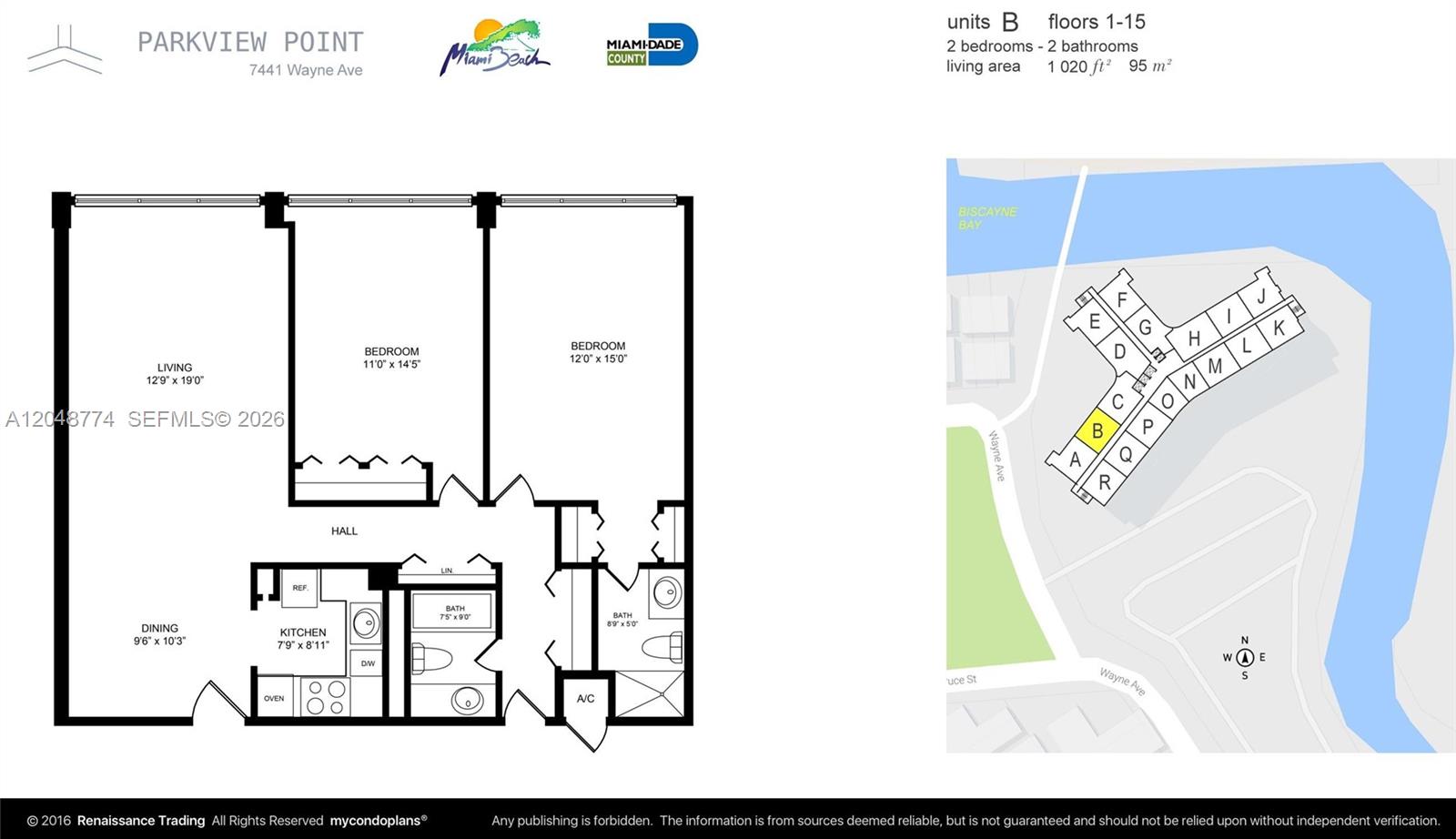 This is a floor plan for a two-bedroom, two-bathroom apartment unit at Parkview Point — 7441 Wayne Ave # 6B, Miami Beach FL 33141, MIAMI BEACH, FL