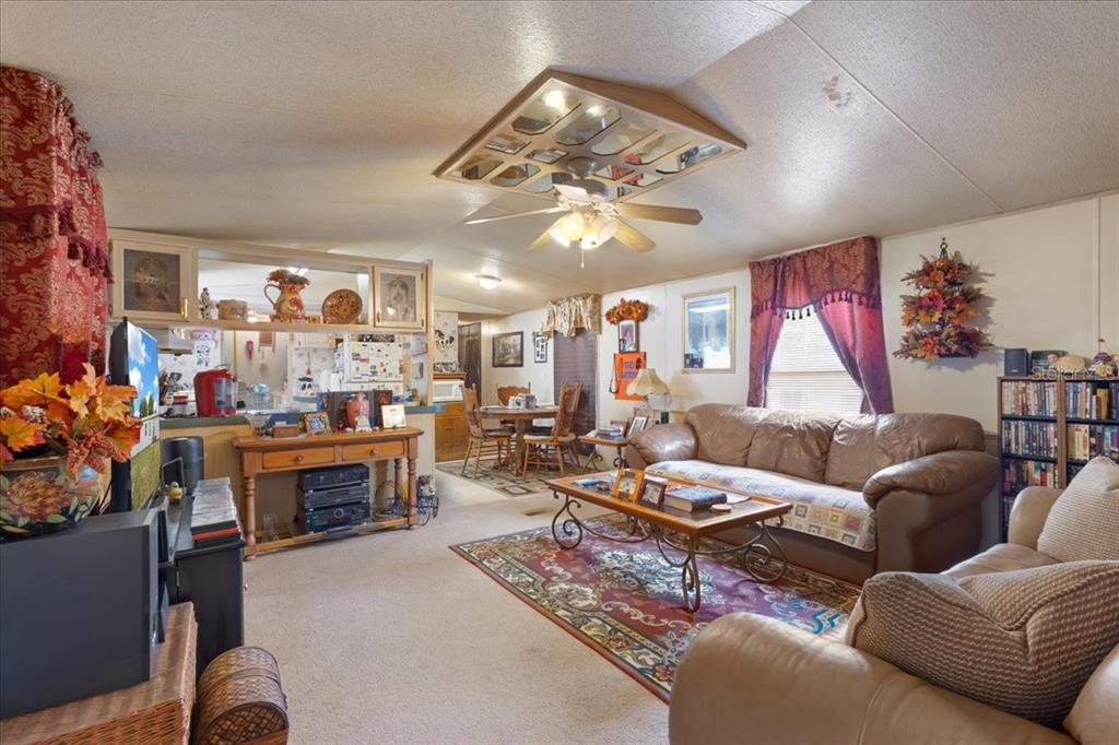 A living room with beige carpet, a leather sofa, and a ceiling fan with lights — 187 SE LOXLEY GLEN, LAKE CITY, FL