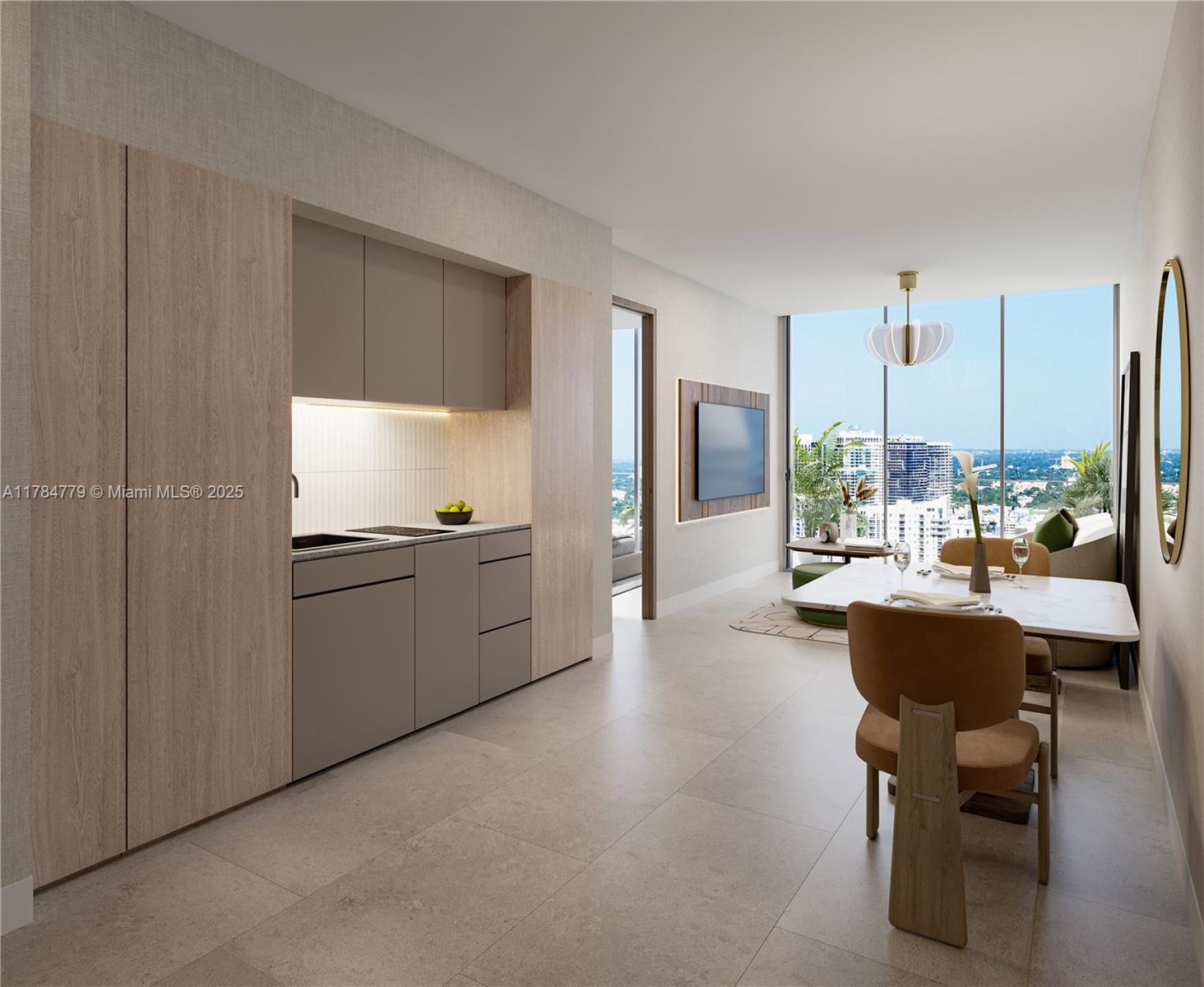 This rendering shows a modern kitchen and dining area with light wood cabinetry and floor-to-ceiling windows — 1837 NE 4th Ave # 1904, Miami FL 33132, MIAMI, FL