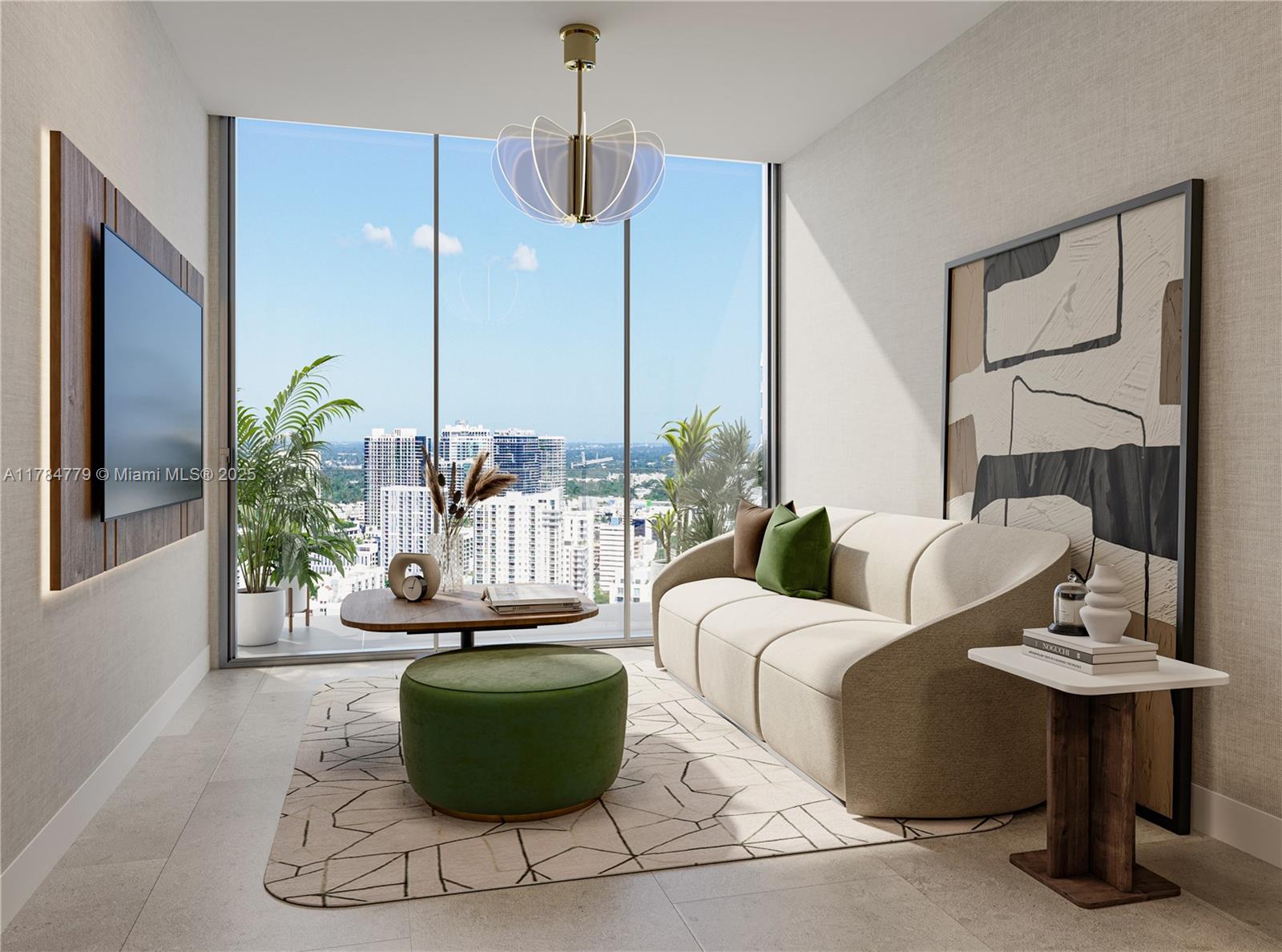 This rendering shows a modern living room with a sofa, green ottoman, and floor-to-ceiling windows — 1837 NE 4th Ave # 1904, Miami FL 33132, MIAMI, FL