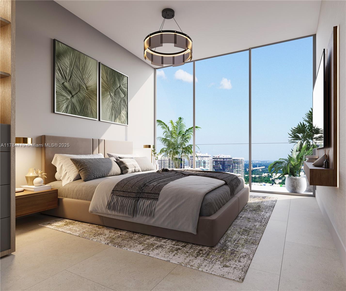 This is a rendering of a modern bedroom with floor-to-ceiling windows and city views — 1837 NE 4th Ave # 1904, Miami FL 33132, MIAMI, FL