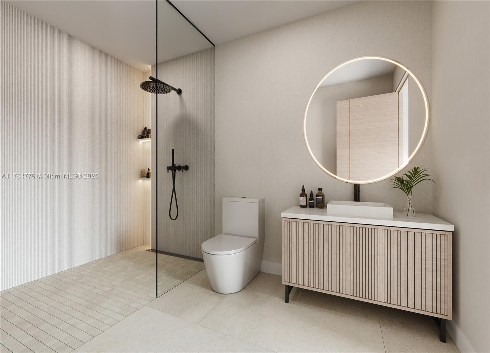 This is a rendering of a modern bathroom with a glass-enclosed shower and vanity — 1837 NE 4th Ave # 1904, Miami FL 33132, MIAMI, FL