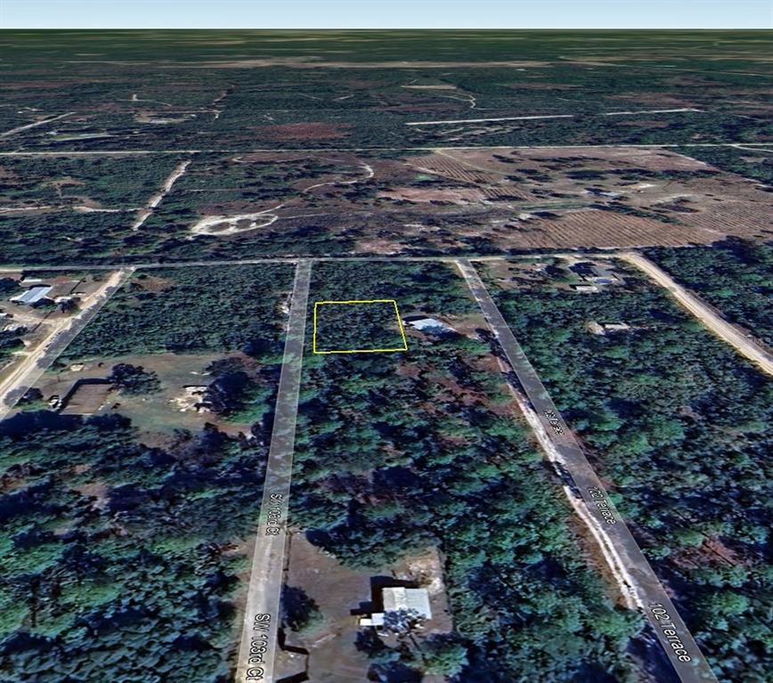 An aerial view shows a rectangular plot of land outlined in yellow amidst wooded terrain — 5551 SW 103RD COURT, CEDAR KEY, FL