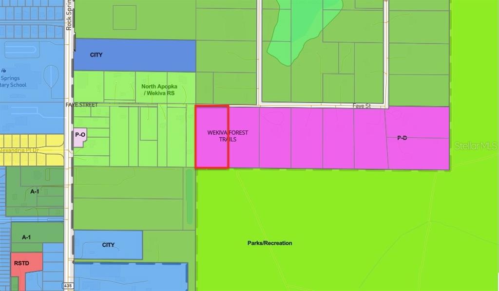This is a zoning map showing a highlighted parcel labeled Wekiva Forest Trails — FAYE STREET, APOPKA, FL