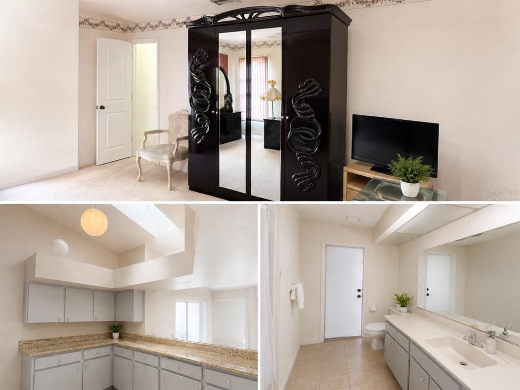 This composite image shows a bedroom with a large armoire, a kitchen, and a bathroom — 23174 RANGER AVENUE, PORT CHARLOTTE, FL