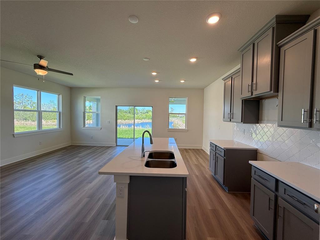 A kitchen with gray cabinets, a central island, and wood-look flooring overlooking a pond — 13998 EMERALD FIELDS DRIVE Lot 23, HUDSON, FL