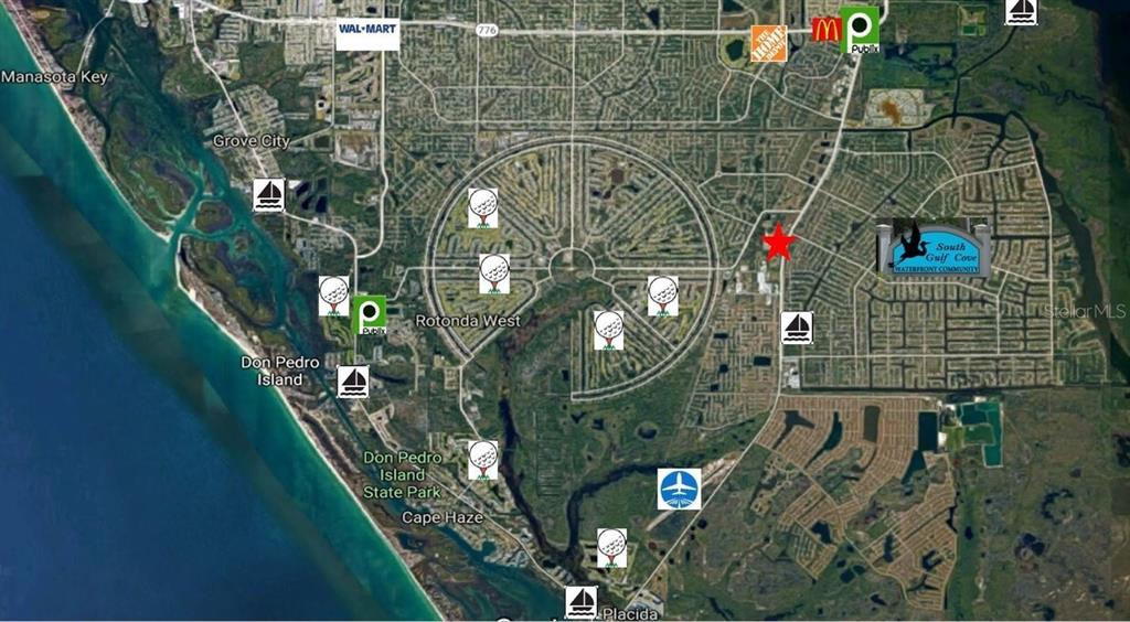 This is a satellite map showing Rotonda West, South Gulf Cove, and surrounding Florida coastal areas — 9151 GASPARILLA ROAD, PORT CHARLOTTE, FL