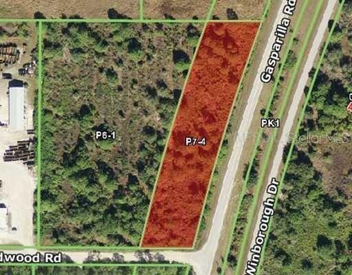 An aerial map shows a highlighted rectangular plot of land bordered by roads — 9151 GASPARILLA ROAD, PORT CHARLOTTE, FL