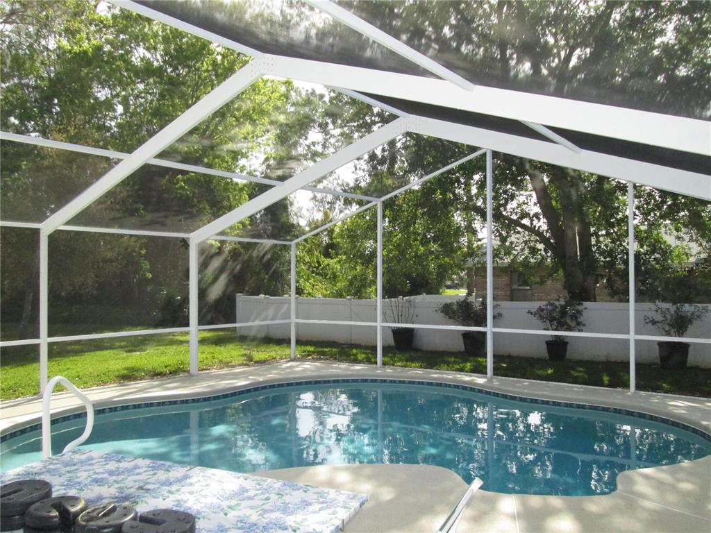 A swimming pool enclosed by a white-framed screen cage in a backyard with a fence — 155 VILLAGE LANE, DAYTONA BEACH, FL
