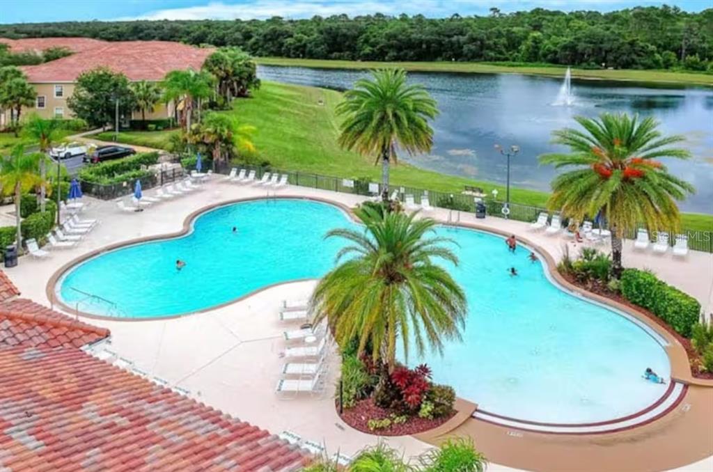 An aerial view shows a curved swimming pool with lounge chairs beside a lake — 2888 OAKWATER DRIVE UNIT 2888, KISSIMMEE, FL