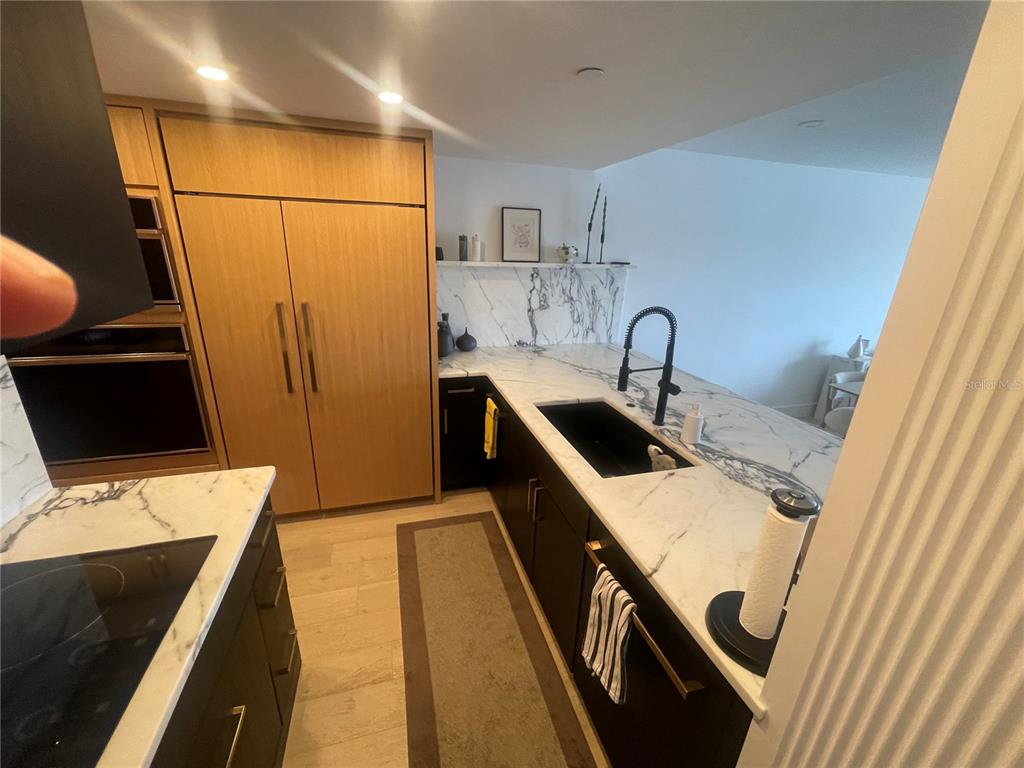 A modern kitchen features dark cabinetry, white marble countertops, a black sink, and wood-paneled appliances — 2 ADALIA AVENUE UNIT 302, TAMPA, FL