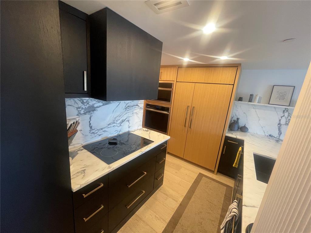 A modern kitchen features dark cabinetry, light marble countertops, a cooktop, and wood-paneled appliances — 2 ADALIA AVENUE UNIT 302, TAMPA, FL