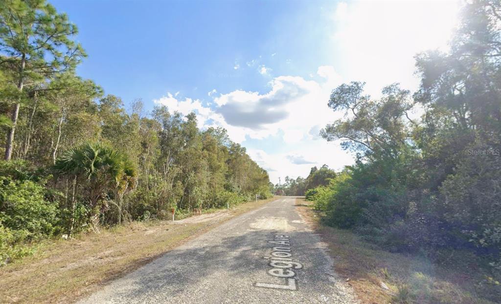 A gravel road stretches between dense, wooded areas under a bright, partly cloudy sky — 1013 LEGION AVENUE, LEHIGH ACRES, FL