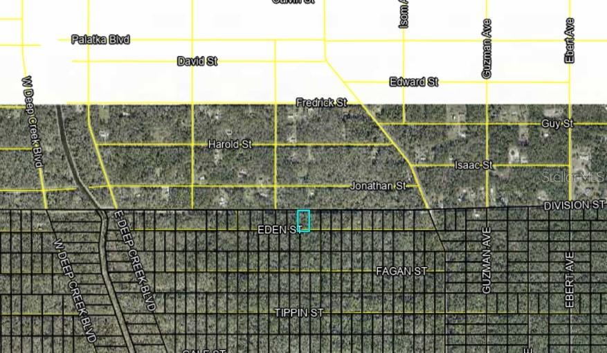 This is a map showing a highlighted property lot located along Eden Street — DIVISION STREET, HASTINGS, FL