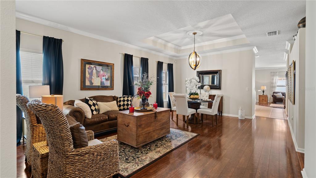 A living and dining area with hardwood floors, a wooden chest, and a tray ceiling — 13560 HAWK LAKE DRIVE, ORLANDO, FL