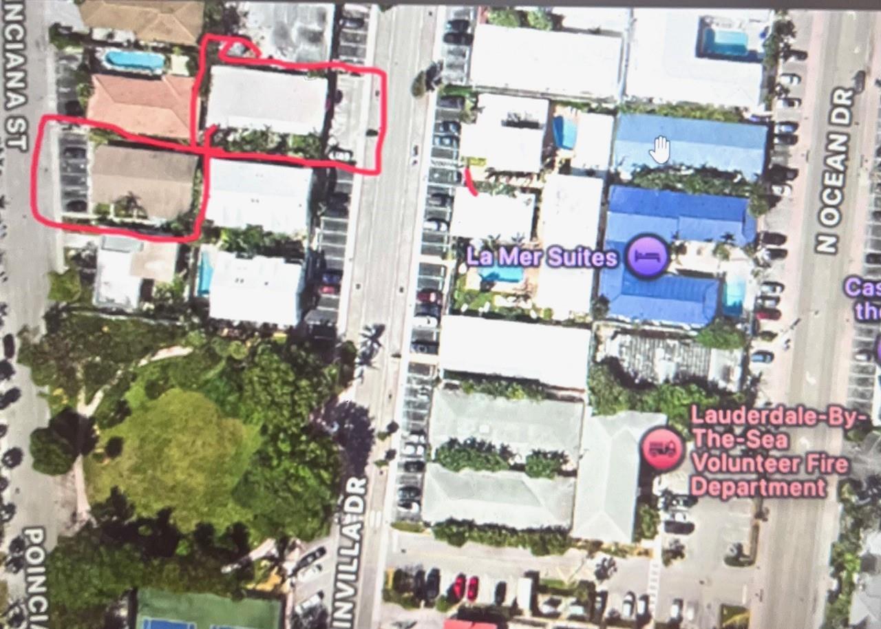 This aerial map shows two residential properties outlined in red near a street intersection — FORT LAUDERDALE, FL