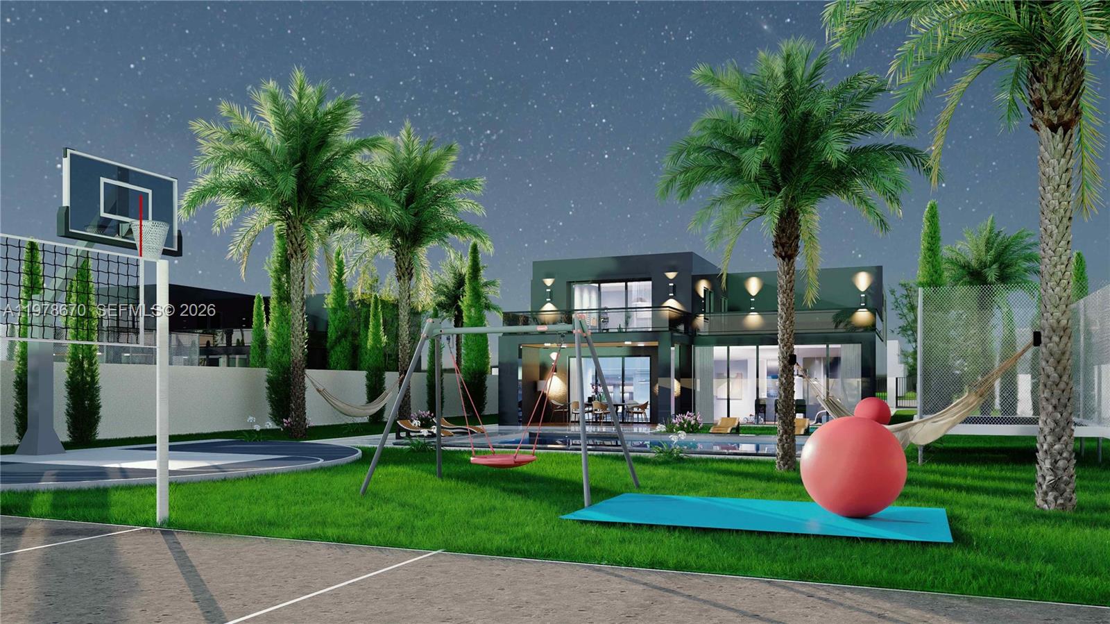 This is a rendering of a modern house exterior with a pool, basketball hoop, and swing — 15207 NE 8th Ave, Miami FL 33162, MIAMI, FL