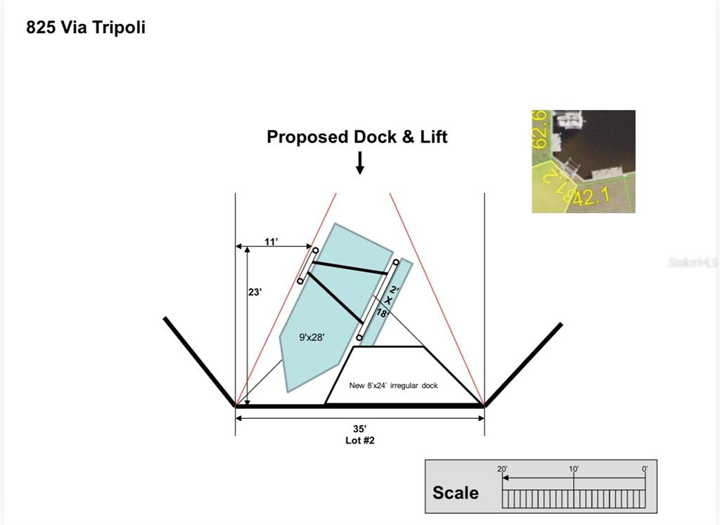 This is a site plan rendering showing a proposed dock and boat lift design — 825 VIA TRIPOLI, PUNTA GORDA, FL