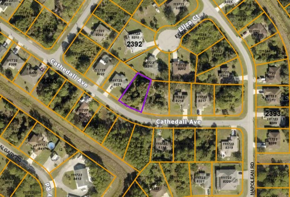 This is a map showing a vacant lot highlighted in purple within a residential neighborhood — CATHEDALL AVENUE, NORTH PORT, FL