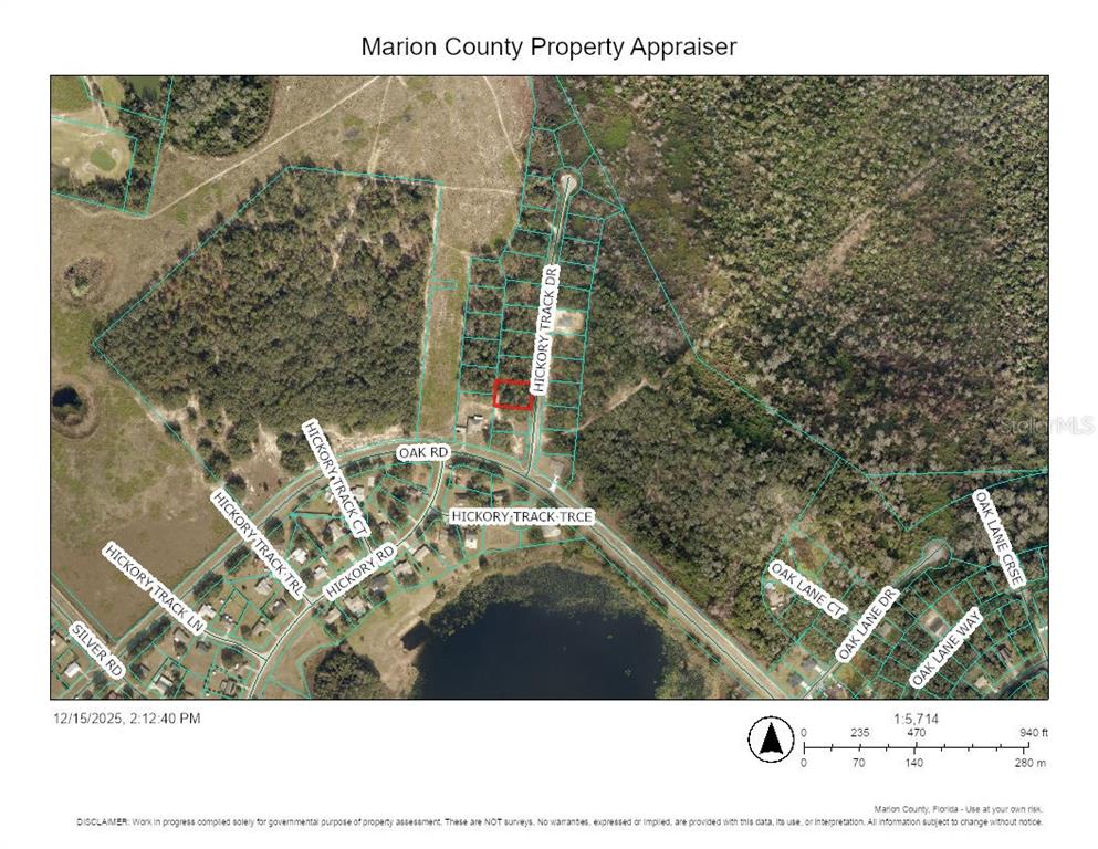 This is a property tax map showing land parcels, roads, and a lake — 0 HICKORY TRACK DRIVE, OCALA, FL