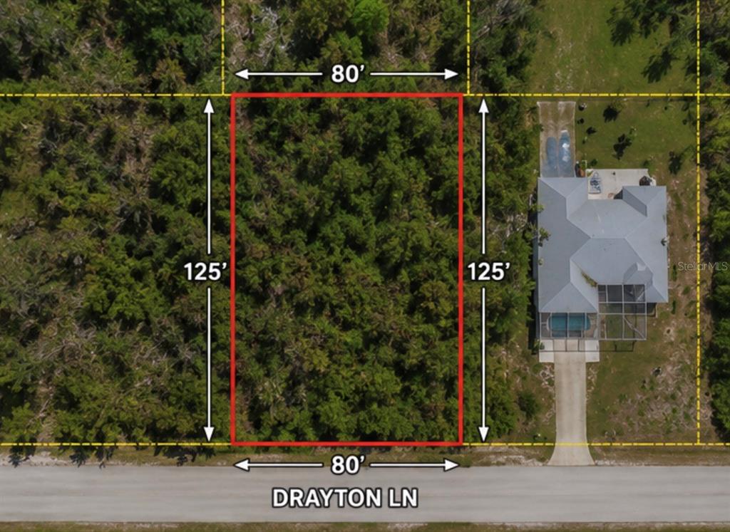 An aerial view shows a rectangular, wooded vacant lot measuring 80 by 125 feet — 17116 DRAYTON LANE, PORT CHARLOTTE, FL