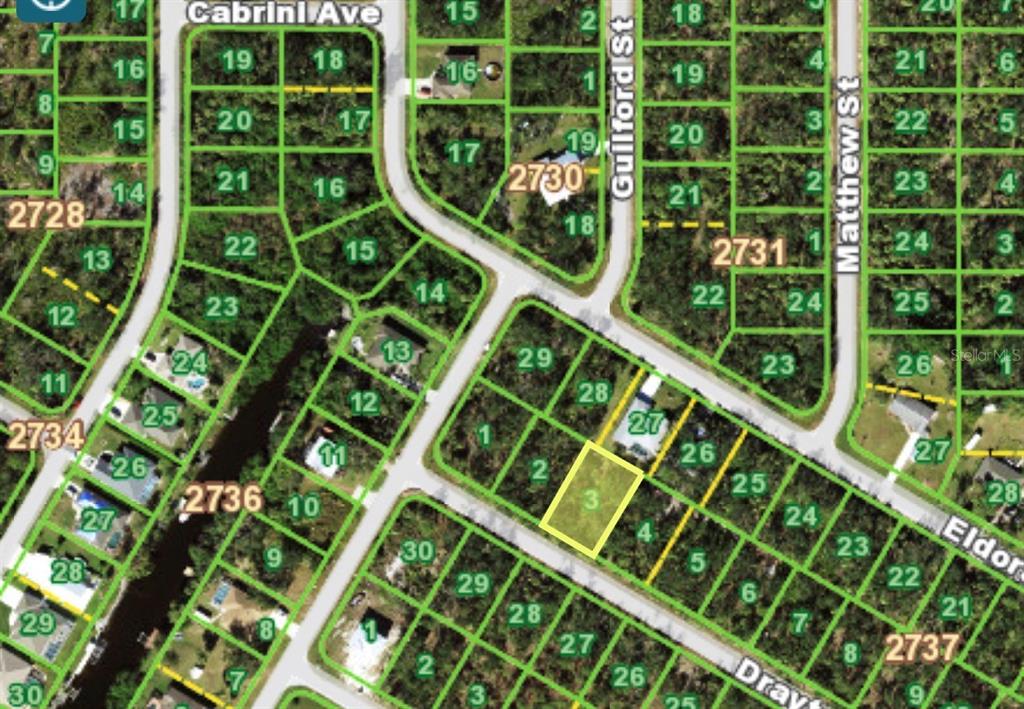 This is a map showing a highlighted rectangular land parcel within a residential neighborhood — 17116 DRAYTON LANE, PORT CHARLOTTE, FL
