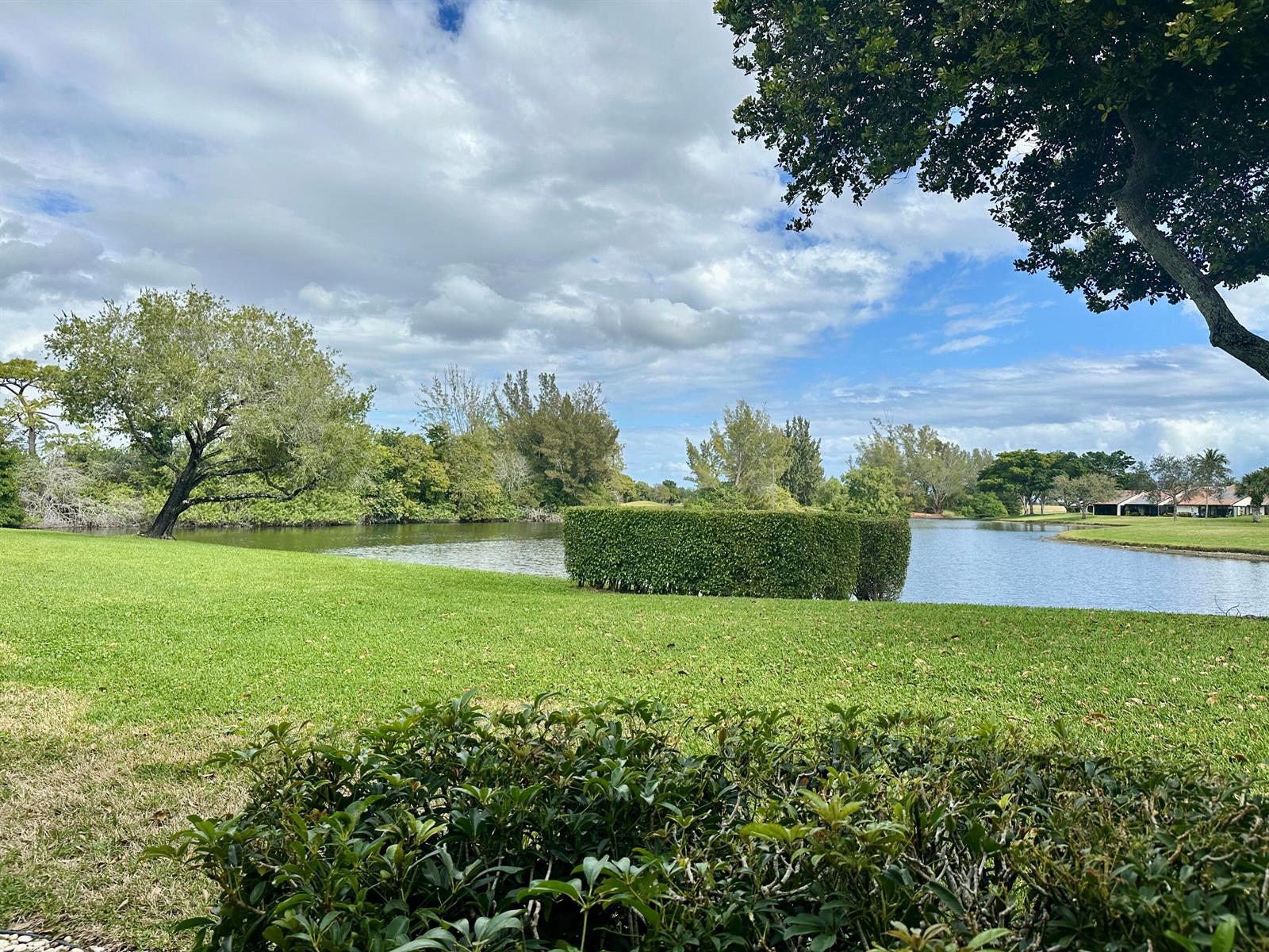 A view of a grassy lawn, a pond, and trimmed hedges under a cloudy sky — 5819 Parkwalk Drive, Boynton Beach FL 33472, BOYNTON BEACH, FL