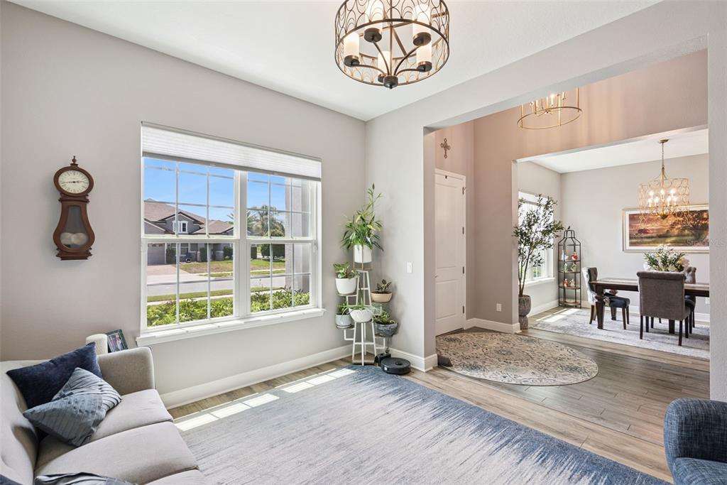 A living room with a grey sofa, a window, a plant stand, and a dining area — 3113 PINENUT DRIVE, APOPKA, FL
