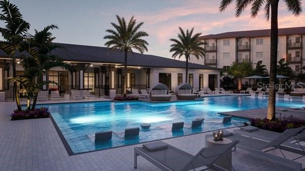This rendering shows a resort-style swimming pool with lounge chairs and palm trees at dusk — 2790 GRAND AVE STREET UNIT A2, ST PETERSBURG, FL