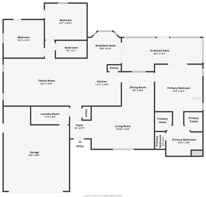 This is a floor plan of a single-story house featuring a garage, patio, and bedrooms — 7710 NATURE TRAIL, LAKELAND, FL